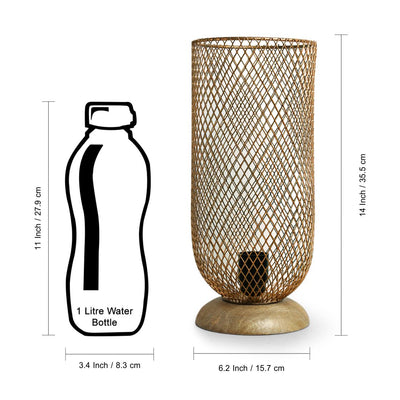 'Golden Mesh' Handcrafted Table Lamp In Mango Wood & Iron (14 Inches)