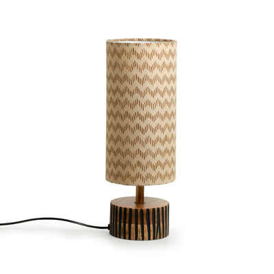 'Zigzag Zeal' Handcrafted Round Table Lamp In Mango Wood (14 Inch)