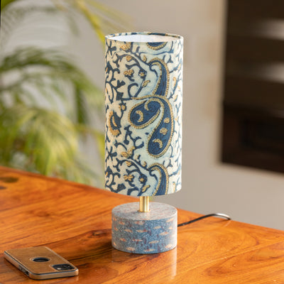 'Paisley Prints' Handcrafted Round Table Lamp In Mango Wood (14 Inch)
