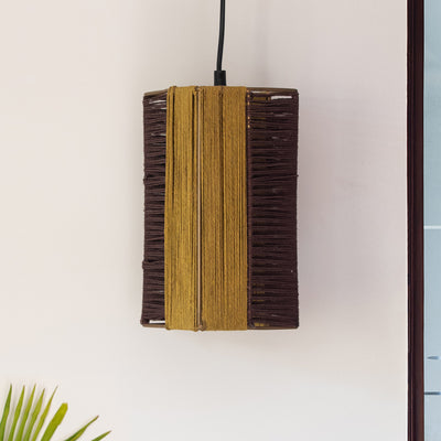 'Jute Glimmers' Handwoven Cuboidal Hanging Pendant Lamp In Jute & Iron (11 Inch)