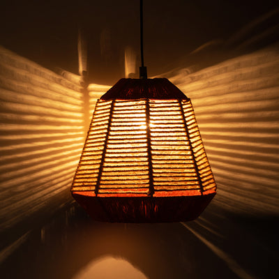 'Jute Fluorescence' Handwoven Pyramidal Hanging Pendant Lamp In Jute & Iron (11 Inch)