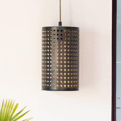 'Ebony Elegance' Hand-Etched Cylindrical Hanging Pendant Lamp In Iron  (11 Inch)