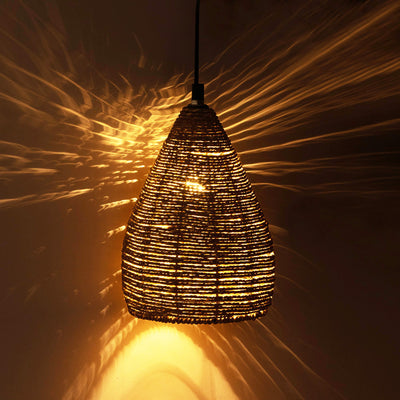 'Blazing Rope' Handwoven Conical Hanging Pendant Lamp In Band Rope & Iron (10 Inch)