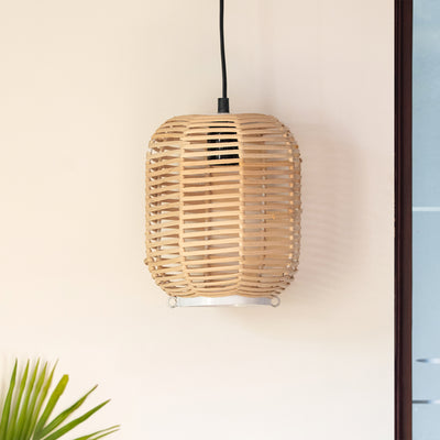'Cane Wonders' Handwoven Cylindrical Hanging Pendant Lamp In Cane & Iron (9 Inch)