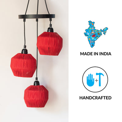 Cotton Lustres' Handwoven Adjustable Chandelier With Hanging Lamp Shades In Cotton Rope & Iron (3 Shades | 22 Inch)