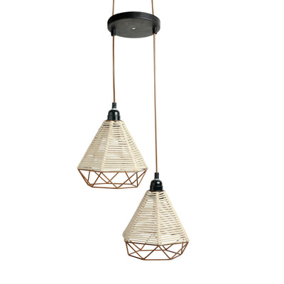 Cotton Sparkles' Handwoven Adjustable Chandelier With Hanging Lamp Shades In Cotton Rope & Iron (2 Shades | 27 Inch)