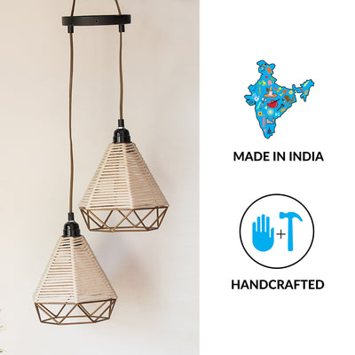 Cotton Sparkles' Handwoven Adjustable Chandelier With Hanging Lamp Shades In Cotton Rope & Iron (2 Shades | 27 Inch)