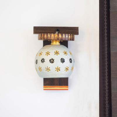 Dome Shaped' Wall Lamp In Teak Wood & Metal (8 Inch | White | Hand-Painted)