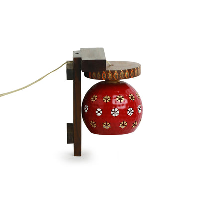 Dome Shaped' Wall Lamp In Teak Wood & Metal (8 Inch | Red | Hand-Painted)