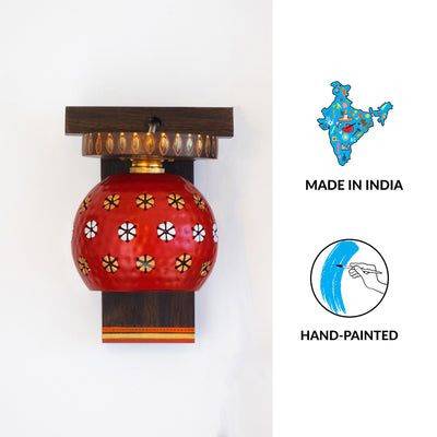 Dome Shaped' Wall Lamp In Teak Wood & Metal (8 Inch | Red | Hand-Painted)