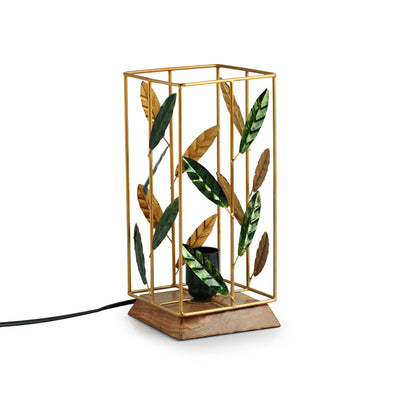 ExclusiveLane 'Lush Foliage' Handcrafted Table Lamp In Iron & Mango Wood (10.9 Inch, Golden)