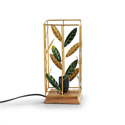 ExclusiveLane 'Lush Foliage' Handcrafted Table Lamp In Iron & Mango Wood (10.9 Inch, Golden)