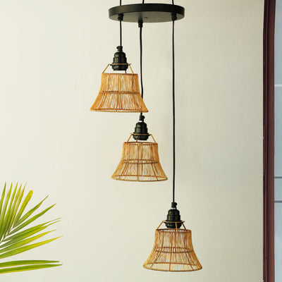 ExclusiveLane 'Mesh Beams' Handcrafted Chandelier With Hanging Lamp Shades In Iron (3 Shades, 29.1 Inch, Golden)