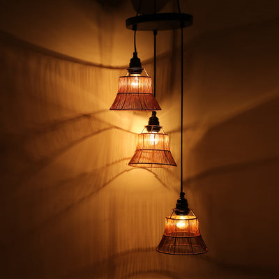 ExclusiveLane 'Mesh Beams' Handcrafted Chandelier With Hanging Lamp Shades In Iron (3 Shades, 29.1 Inch, Golden)