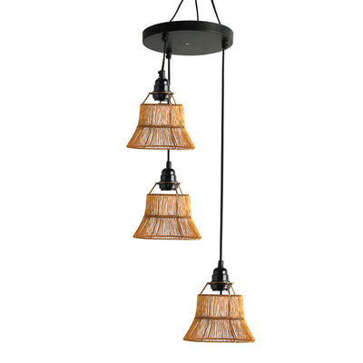 ExclusiveLane 'Mesh Beams' Handcrafted Chandelier With Hanging Lamp Shades In Iron (3 Shades, 29.1 Inch, Golden)