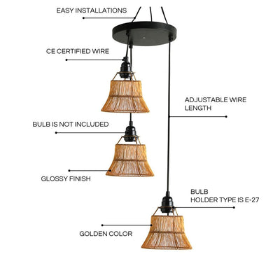 ExclusiveLane 'Mesh Beams' Handcrafted Chandelier With Hanging Lamp Shades In Iron (3 Shades, 29.1 Inch, Golden)