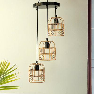 ExclusiveLane 'Bird Nest' Handcrafted Chandelier With Hanging Lamp Shades In Iron (3 Shades, 35.0 Inch, Golden)