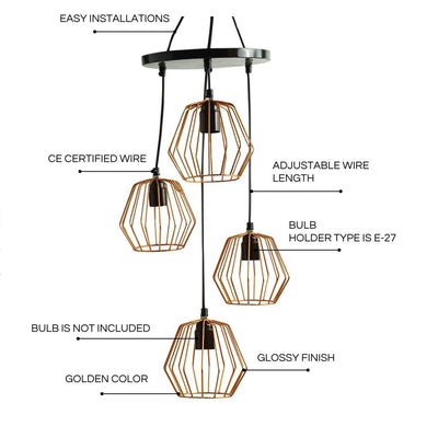 ExclusiveLane 'Bird Nest' Handcrafted Chandelier With Hanging Lamp Shades In Iron (4 Shades, 33.9 Inch, Golden)