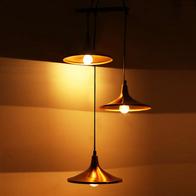 ExclusiveLane 'Modern Drop' Handcrafted Chandelier With Hanging Lamp Shades In Iron (3 Shades, 32.9 Inch, Golden)