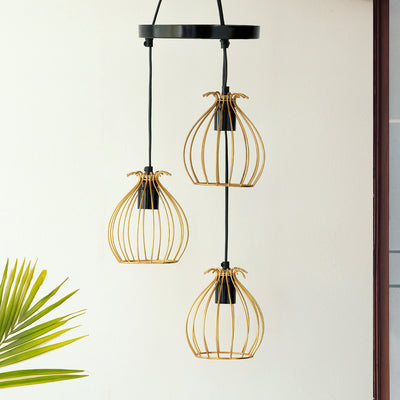 ExclusiveLane 'Bird Nest' Handcrafted Chandelier With Hanging Lamp Shades In Iron (3 Shades, 33.5 Inch, Golden)