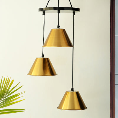 ExclusiveLane 'Bucket Beams' Handcrafted Chandelier With Hanging Lamp Shades In Iron (3 Shades, 33.5 Inch, Golden)