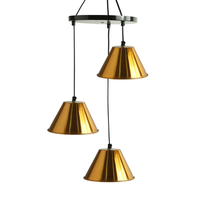 ExclusiveLane 'Bucket Beams' Handcrafted Chandelier With Hanging Lamp Shades In Iron (3 Shades, 33.5 Inch, Golden)