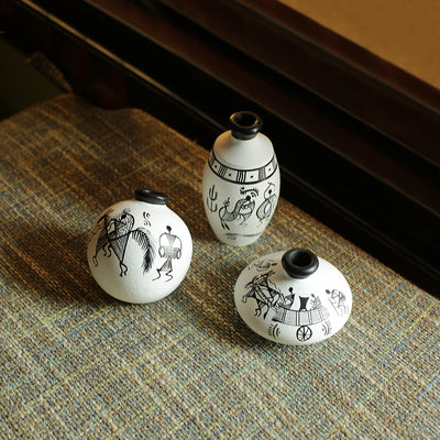 Terracotta Warli Handpainted Pots White Set Of 3