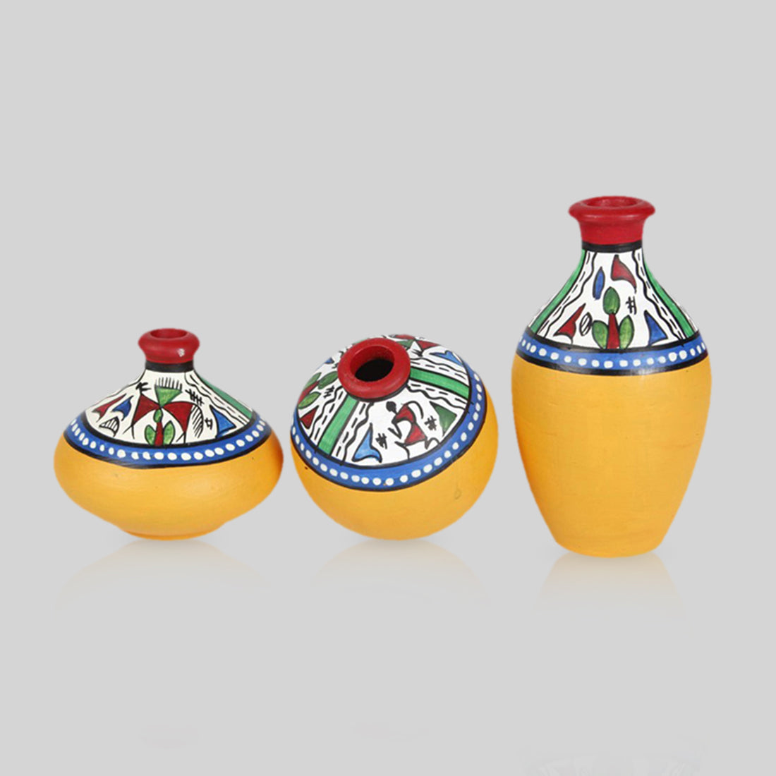 Terracotta Warli Handpainted Pots Yellow Set Of 3