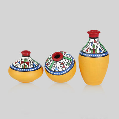 Terracotta Warli Handpainted Pots Yellow Set Of 3
