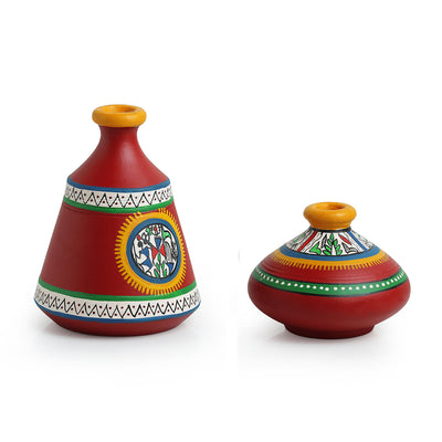 Terracotta Warli Handpainted Pots Red Set Of 2
