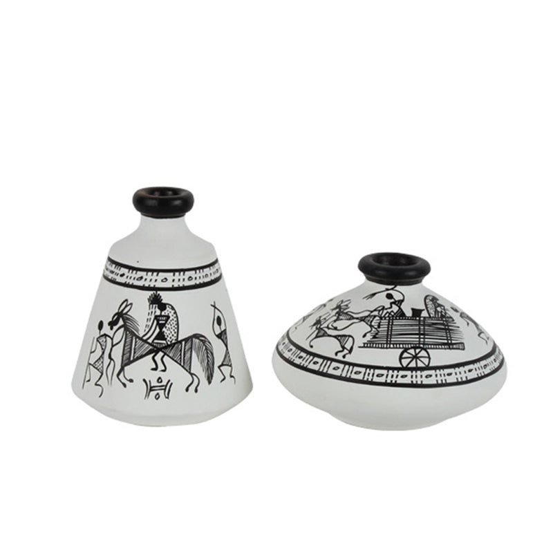 Terracotta Warli Handpainted Pots White Set Of 2