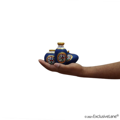 Terracotta Warli Handpainted Pots Blue Set Of 3