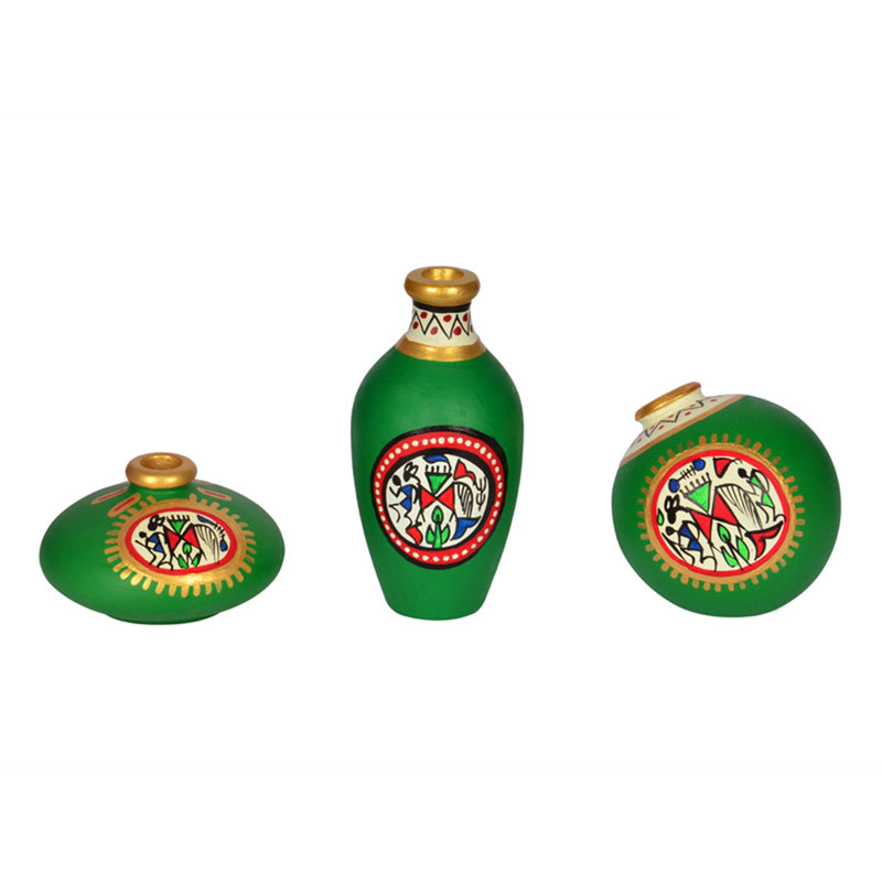 Terracotta Warli Handpainted Pots Bright Green Set Of 3