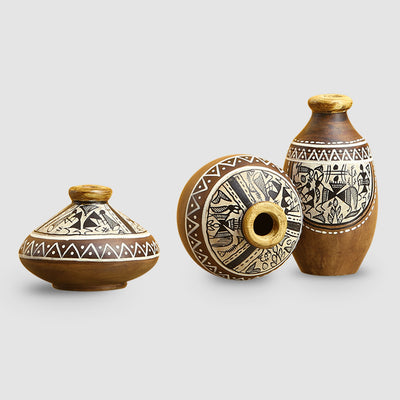 'Three Little Terracotta Pots' With Warli Hand-Painting In Natural Mud Brown (Set Of 3)
