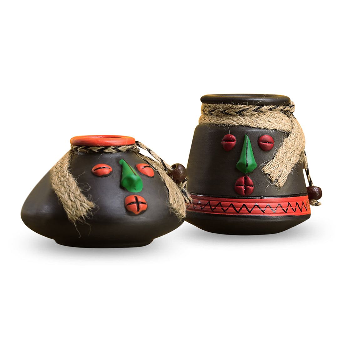 'Tribal Rustic Pot-Faces' In Terracotta With Jute Detailing (Set Of 2)