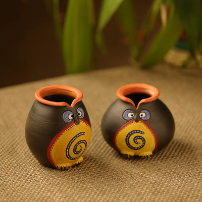'Twin Owl Pot-Faces' In Terracotta (Set Of 2)