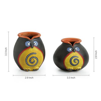'Twin Owl Pot-Faces' In Terracotta (Set Of 2)