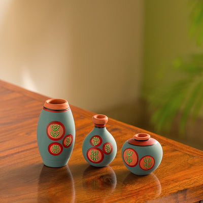 Desert Miniature Trio' Hand-Painted Miniature Pots In Terracotta (Set of 3 | Turquoise Blue)