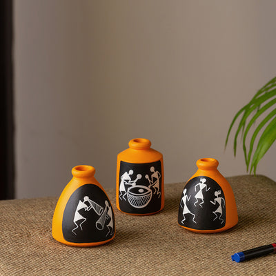 The Warli Tales' Hand-painted Miniature Pots In Terracotta (Set of 3 | Orange)