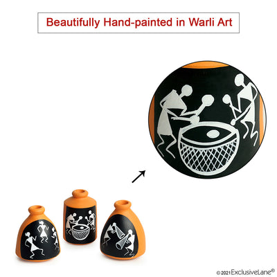 The Warli Tales' Hand-painted Miniature Pots In Terracotta (Set of 3 | Orange)