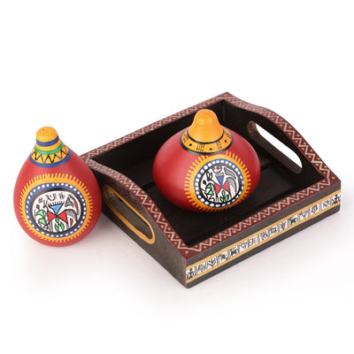 Terracotta Warli Handpainted Salt and Pepper Shaker With Tray