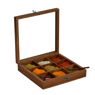 Sheesham Wood Square Spice Box With Spoon (9 Compartments)