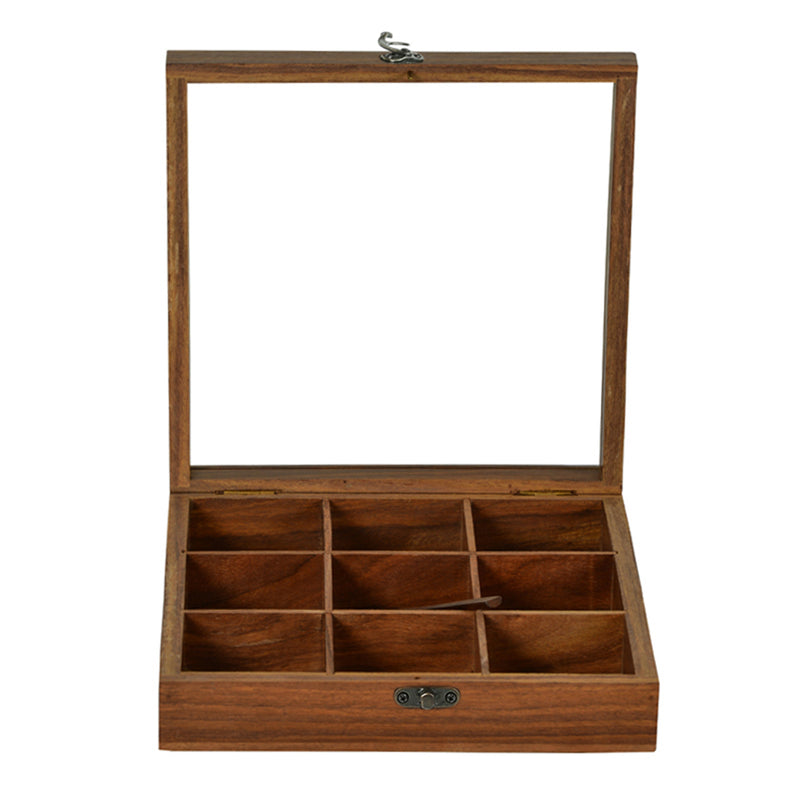 Sheesham Wood Square Spice Box With Spoon (9 Compartments)