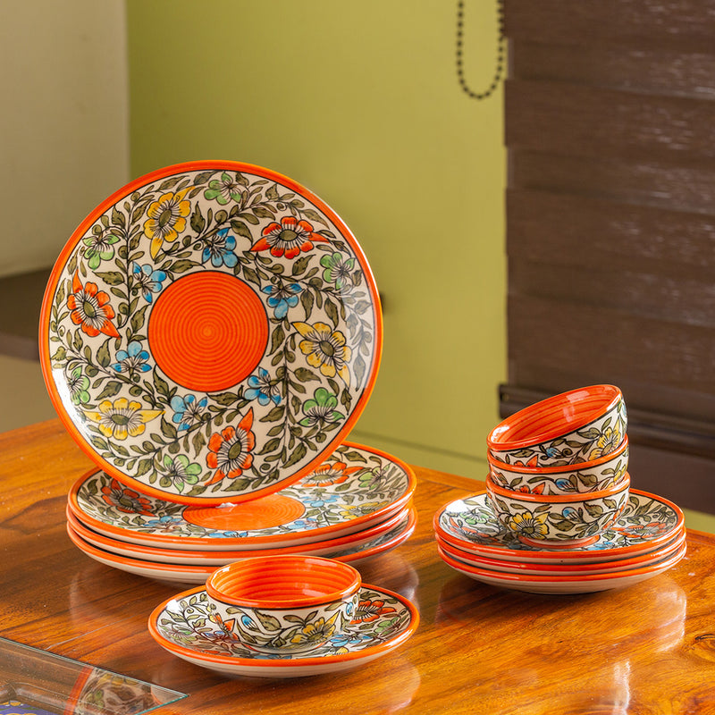 Hand Glazed Dinner Plates With Side/Quarter Plates & Katoris In Ceramic (12  Pieces, Microwave Safe)