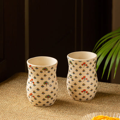 Daawat-e-Taj' Handcrafted Ceramic Water & Milk Glasses ( Set of 2 | 320 ml | Microwave Safe)