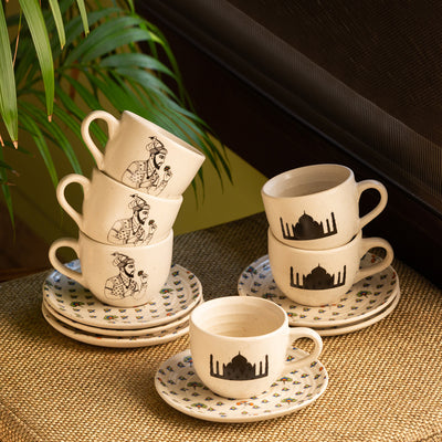 Daawat-e-Taj' Handcrafted Ceramic Coffee-Tea Cups & Saucers (Set of 6 | 160 ml | Microwave Safe)