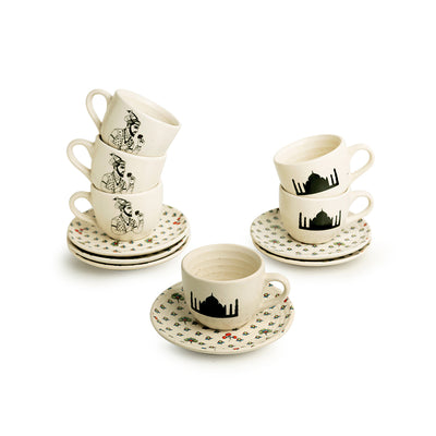 Daawat-e-Taj' Handcrafted Ceramic Coffee-Tea Cups & Saucers (Set of 6 | 160 ml | Microwave Safe)