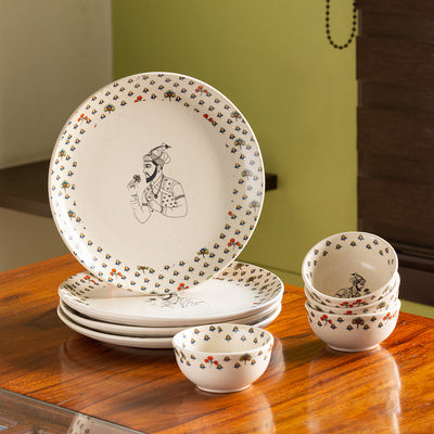 Daawat-e-Taj' Handcrafted 8-Piece Ceramic Dinner Set (4 Dinner Plates | 4 Dinner Katoris | Serving for 4 | Microwave Safe)