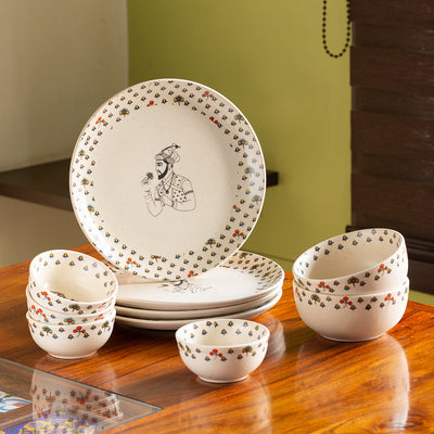 Daawat-e-Taj' Handcrafted 10-Piece Ceramic Dinner Set (4 Dinner Plates | 2 Serving Bowls | 4 Dinner Katoris | Serving for 4 | Microwave Safe)