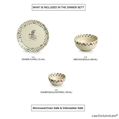 Daawat-e-Taj' Handcrafted 10-Piece Ceramic Dinner Set (4 Dinner Plates | 2 Serving Bowls | 4 Dinner Katoris | Serving for 4 | Microwave Safe)